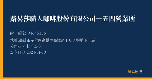 路易莎職人咖啡股份有限公司一五四營業所的照片-統編 94645356(高雄市) 公司登記資料與營業項目詳細圖表
