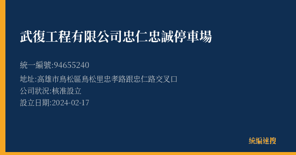 武復工程有限公司忠仁忠誠停車場的照片-統編 94655240(高雄市) 公司登記資料與營業項目詳細圖表