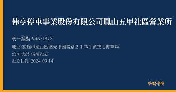 俥亭停車事業股份有限公司鳳山五甲社區營業所的照片-統編 94671972(高雄市) 公司登記資料與營業項目詳細圖表