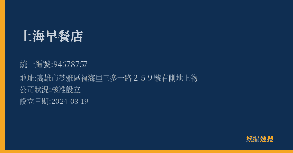 上海早餐店的照片-統編 94678757(高雄市) 公司登記資料與營業項目詳細圖表