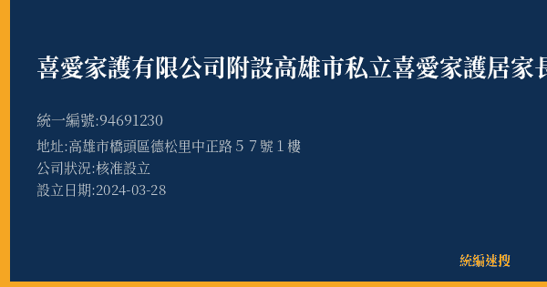 喜愛家護有限公司附設高雄市私立喜愛家護居家長照機構的照片-統編 94691230(高雄市) 公司登記資料與營業項目詳細圖表