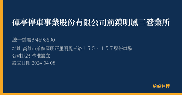俥亭停車事業股份有限公司前鎮明鳳三營業所的照片-統編 94698590(高雄市) 公司登記資料與營業項目詳細圖表