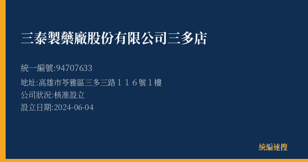 三泰製藥廠股份有限公司三多店的照片-統編 94707633(高雄市) 公司登記資料與營業項目詳細圖表