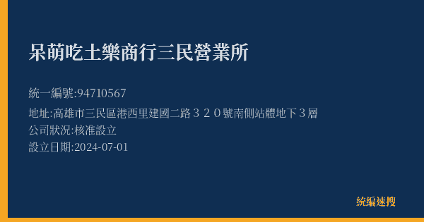 呆萌吃土樂商行三民營業所的照片-統編 94710567(高雄市) 公司登記資料與營業項目詳細圖表