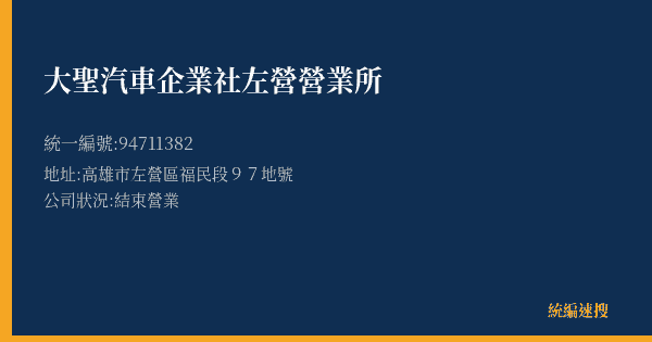 大聖汽車企業社左營營業所的照片-統編 94711382(高雄市) 公司登記資料與營業項目詳細圖表