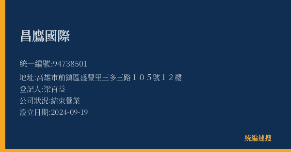 昌鷹國際的照片-統編 94738501(高雄市) 公司登記資料與營業項目詳細圖表
