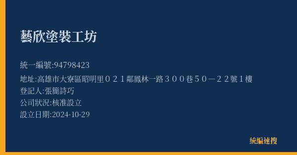 藝欣塗裝工坊的照片-統編 94798423(高雄市) 公司登記資料與營業項目詳細圖表