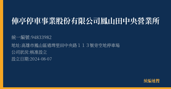 俥亭停車事業股份有限公司鳳山田中央營業所的照片-統編 94833982(高雄市) 公司登記資料與營業項目詳細圖表
