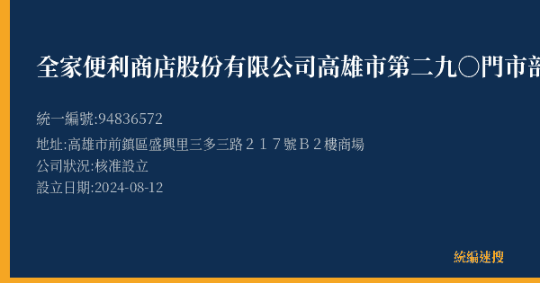 全家便利商店股份有限公司高雄市第二九○門市部的照片-統編 94836572(高雄市) 公司登記資料與營業項目詳細圖表