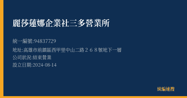 麗莎蓮娜企業社三多營業所的照片-統編 94837729(高雄市) 公司登記資料與營業項目詳細圖表