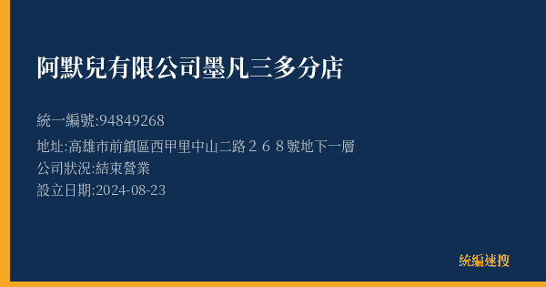 阿默兒有限公司墨凡三多分店的照片-統編 94849268(高雄市) 公司登記資料與營業項目詳細圖表