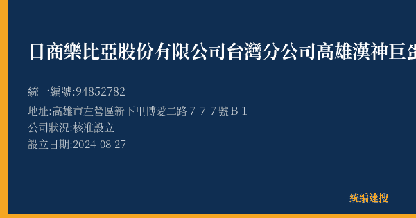 日商樂比亞股份有限公司台灣分公司高雄漢神巨蛋店的照片-統編 94852782(高雄市) 公司登記資料與營業項目詳細圖表