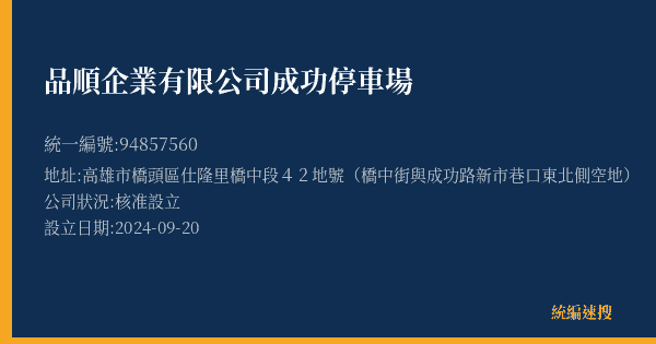 品順企業有限公司成功停車場的照片-統編 94857560(高雄市) 公司登記資料與營業項目詳細圖表