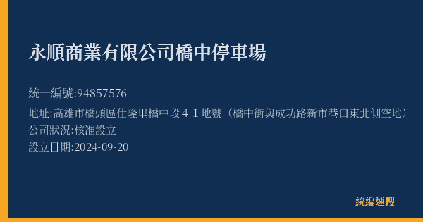 永順商業有限公司橋中停車場的照片-統編 94857576(高雄市) 公司登記資料與營業項目詳細圖表