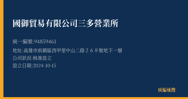 國御貿易有限公司三多營業所的照片-統編 94859461(高雄市) 公司登記資料與營業項目詳細圖表