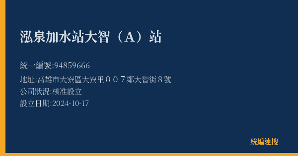 泓泉加水站大智(A)站的照片-統編 94859666(高雄市) 公司登記資料與營業項目詳細圖表