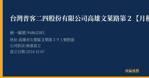 台灣普客二四股份有限公司高雄文萊路第2【月租】停車場的照片-統編 94861585(高雄市) 公司登記資料與營業項目詳細圖表