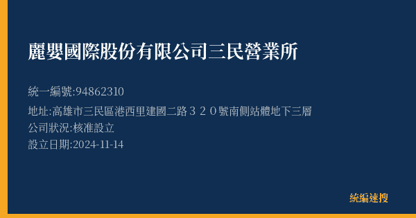 麗嬰國際股份有限公司三民營業所的照片-統編 94862310(高雄市) 公司登記資料與營業項目詳細圖表
