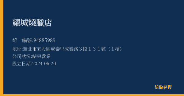 耀城燒臘店的照片-統編 94885989(新北市) 公司登記資料與營業項目詳細圖表