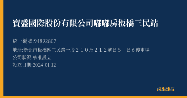 寶盛國際股份有限公司嘟嘟房板橋三民站的照片-統編 94892807(新北市) 公司登記資料與營業項目詳細圖表