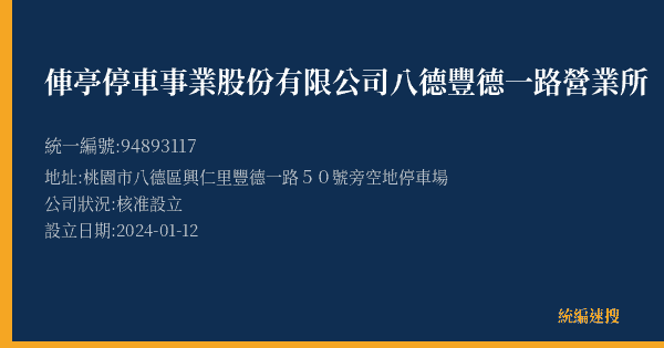 俥亭停車事業股份有限公司八德豐德一路營業所的照片-統編 94893117(桃園市) 公司登記資料與營業項目詳細圖表