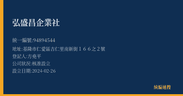 弘盛昌企業社的照片-統編 94894544(基隆市) 公司登記資料與營業項目詳細圖表