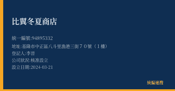 比翼冬夏商店的照片-統編 94895332(基隆市) 公司登記資料與營業項目詳細圖表
