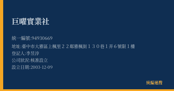 巨曜實業社的照片-統編 94930669(臺中市) 公司登記資料與營業項目詳細圖表