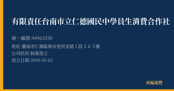 有限責任台南市立仁德國民中學員生消費合作社的照片-統編 94963350(臺南市) 公司登記資料與營業項目詳細圖表