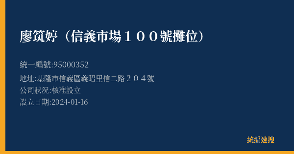 廖筑婷(信義市場100號攤位)的照片-統編 95000352(基隆市) 公司登記資料與營業項目詳細圖表