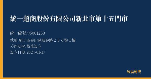統一超商股份有限公司新北市第十五門市的照片-統編 95001253(新北市) 公司登記資料與營業項目詳細圖表