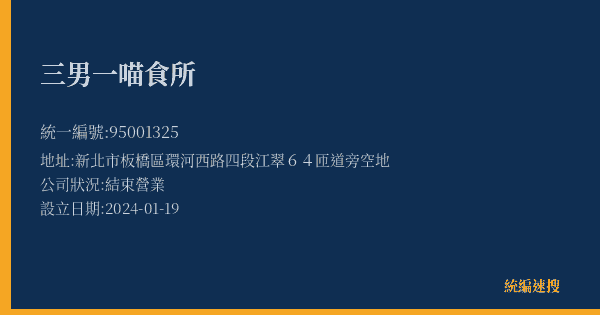 三男一喵食所的照片-統編 95001325(新北市) 公司登記資料與營業項目詳細圖表