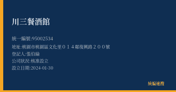 川三餐酒館的照片-統編 95002534(桃園市) 公司登記資料與營業項目詳細圖表