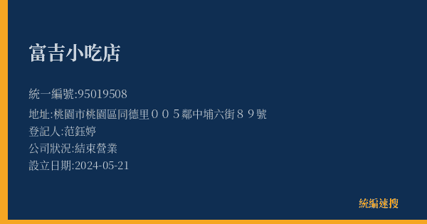 富吉小吃店的照片-統編 95019508(桃園市) 公司登記資料與營業項目詳細圖表