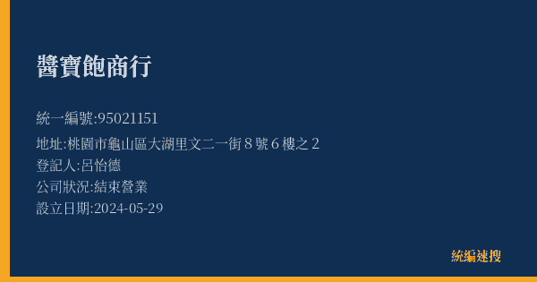 醬寶飽商行的照片-統編 95021151(桃園市) 公司登記資料與營業項目詳細圖表