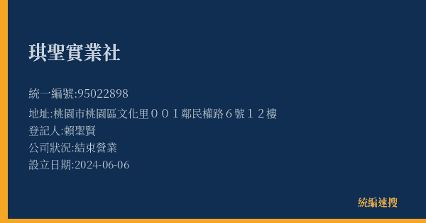 琪聖實業社的照片-統編 95022898(桃園市) 公司登記資料與營業項目詳細圖表