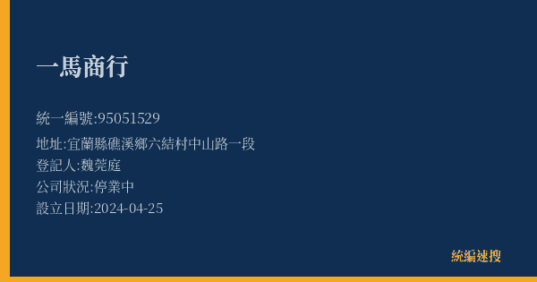 一馬商行的照片-統編 95051529(宜蘭縣) 公司登記資料與營業項目詳細圖表