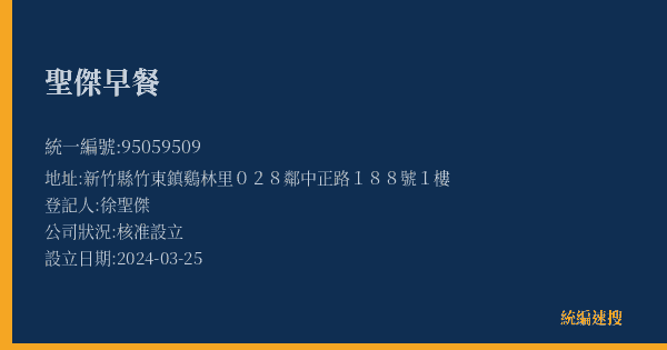 聖傑早餐的照片-統編 95059509(新竹縣) 公司登記資料與營業項目詳細圖表