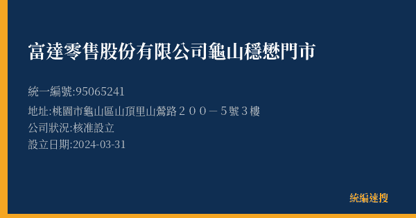 富達零售股份有限公司龜山穩懋門市的照片-統編 95065241(桃園市) 公司登記資料與營業項目詳細圖表
