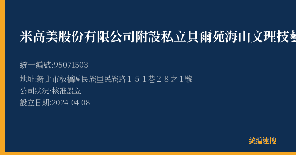 米高美股份有限公司附設私立貝爾苑海山文理技藝短期補習班的照片-統編 95071503(新北市) 公司登記資料與營業項目詳細圖表