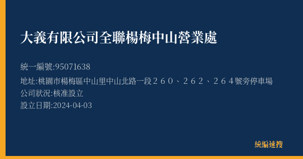 大義有限公司全聯楊梅中山營業處的照片-統編 95071638(桃園市) 公司登記資料與營業項目詳細圖表