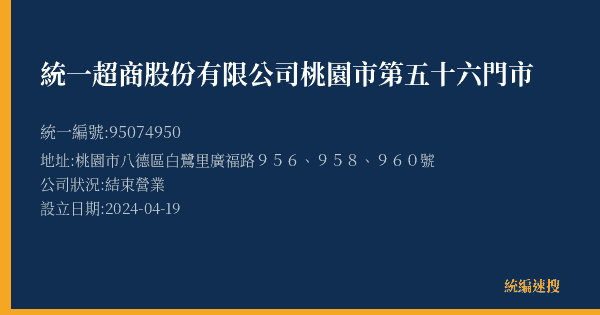 統一超商股份有限公司桃園市第五十六門市的照片-統編 95074950(桃園市) 公司登記資料與營業項目詳細圖表