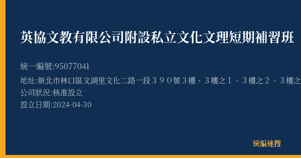 英協文教有限公司附設私立文化文理短期補習班的照片-統編 95077041(新北市) 公司登記資料與營業項目詳細圖表