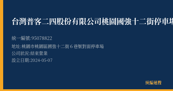 台灣普客二四股份有限公司桃園國強十二街停車場的照片-統編 95078822(桃園市) 公司登記資料與營業項目詳細圖表