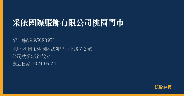 采依國際服飾有限公司桃園門市的照片-統編 95083971(桃園市) 公司登記資料與營業項目詳細圖表