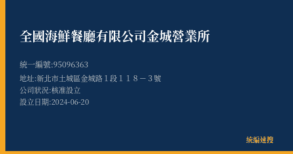 全國海鮮餐廳有限公司金城營業所的照片-統編 95096363(新北市) 公司登記資料與營業項目詳細圖表
