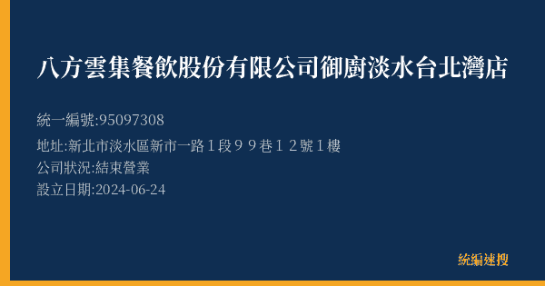 八方雲集餐飲股份有限公司御廚淡水台北灣店的照片-統編 95097308(新北市) 公司登記資料與營業項目詳細圖表