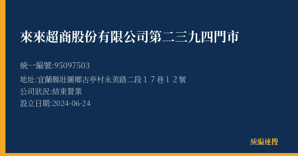 來來超商股份有限公司第二三九四門市的照片-統編 95097503(宜蘭縣) 公司登記資料與營業項目詳細圖表