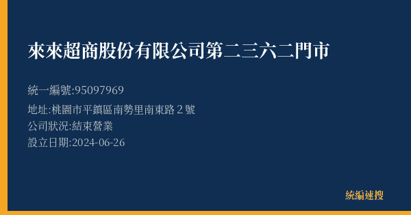 來來超商股份有限公司第二三六二門市的照片-統編 95097969(桃園市) 公司登記資料與營業項目詳細圖表