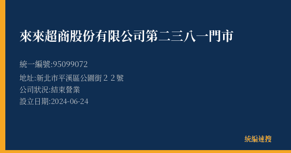 來來超商股份有限公司第二三八一門市的照片-統編 95099072(新北市) 公司登記資料與營業項目詳細圖表
